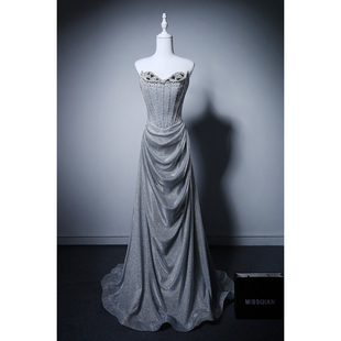 韩版 一字肩抹胸两穿浅灰烫金粉长裙手工钉钻敬酒服华丽风晚礼服