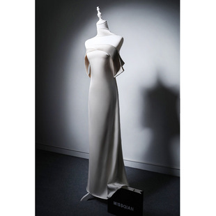 MISSQIAN 一字肩缎面鱼尾裙香槟色新娘订婚敬酒服轻婚纱旅拍女