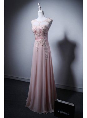 MISSQIAN  U型领蕾丝粉礼服毕业舞会晚会礼服敬酒服公主长裙女夏