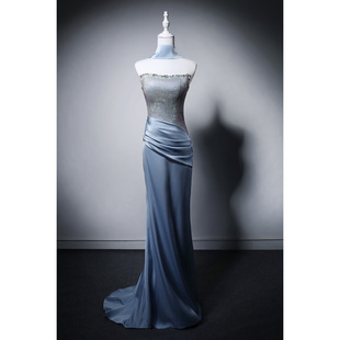 长裙主持新娘结婚敬酒高级感晚装 时尚 晚宴风抹胸鱼尾礼服浅蓝修身