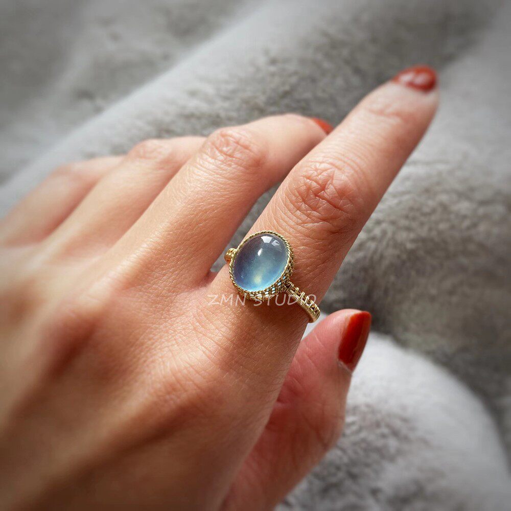 ZMN/浅夏/小众简洁精致纯进口14K手工绕线天然海蓝宝石开口戒指女