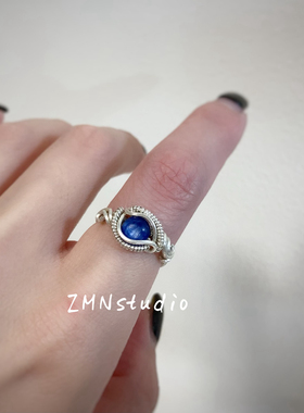 ZMN/沧海/小众复古流线精致手工绕线925纯银线天然蓝晶石宝石戒指