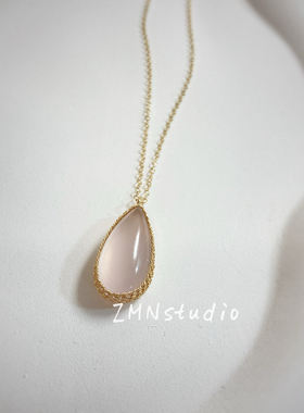 ZMN/柔曦/小众清新精致14k手工天然冰透星光粉晶宝石水晶吊坠项链