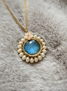 ZMN/花间舞/小众设计天然蝶贝花朵珍珠拉长石手工绕线14K吊坠项链