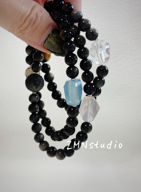 ZMN/星云/原创设计天然海蓝宝粉白水晶虎眼银曜石手串