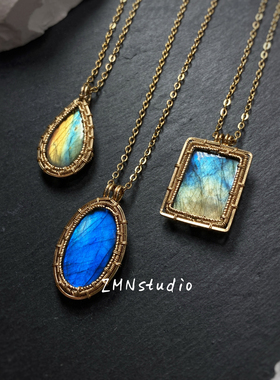 ZMN/流溢/原创设计精致手工进口14K天然灰月光拉长石宝石吊坠项链