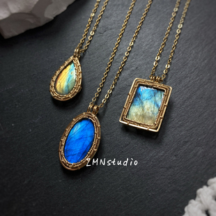 ZMN/流溢/原创设计精致手工进口14K天然灰月光拉长石宝石吊坠项链