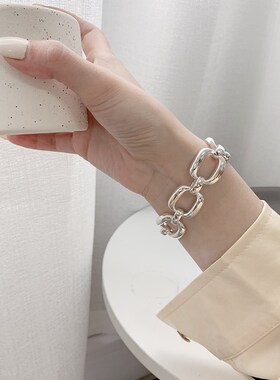 韩版S925镀银时尚几何镂空拼接手链女复古重工港风手环创意手饰品