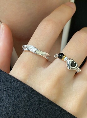 甜美碎银爱心戒指女弹力几何不规则褶皱S925银指环网红小众食指戒