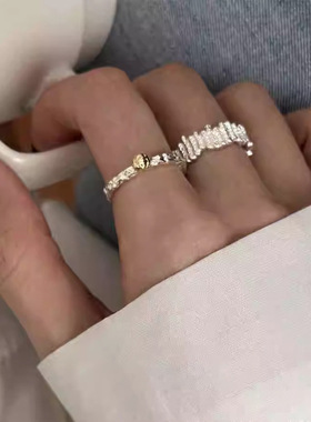 拼色熔岩肌理戒指女百搭时尚不规则几何S925镀银开口指环食指戒潮