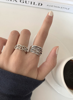 韩国925镀银交叉缠绕镂空戒指女ins复古做旧泰银食指戒开口指环潮