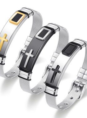 欧美跨境个性10MM不锈钢手表带网带手镯间金十字架可调节手环批发
