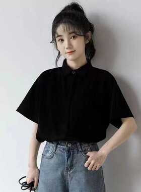 2026夏季新款简约百搭黑色短袖衬衫女韩版宽松工装工作服白衬衣女