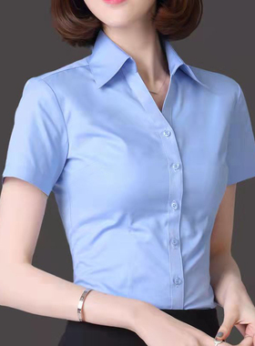 2025夏季新款V领蓝色衬衫女短袖职业装正装工作服韩版白色衬衣女