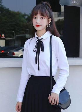 秋季新款白色长袖衬衫女系带蝴蝶结学生衬衣女工装职业打底衫上衣