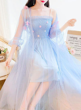 超仙两件套装连衣裙女夏季长款防晒衣开衫+立体花吊带网纱连衣裙