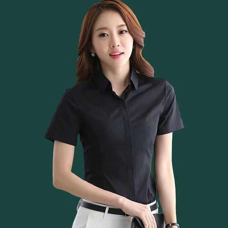 夏季黑色短袖衬衫女韩版职业白领大码工装气质百搭显瘦女士衬衣