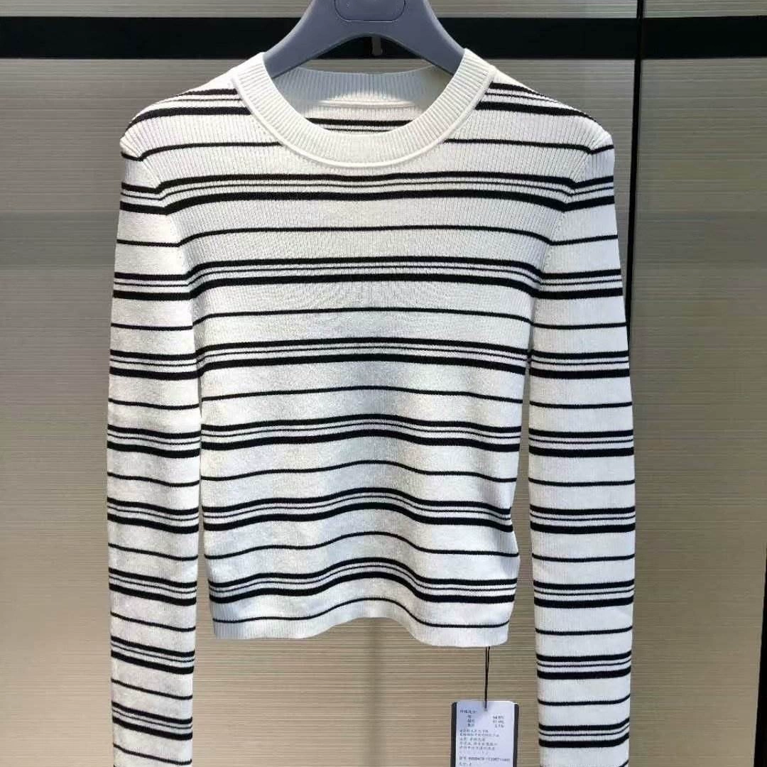 阿玛施秋冬修身条纹打底针织衫女