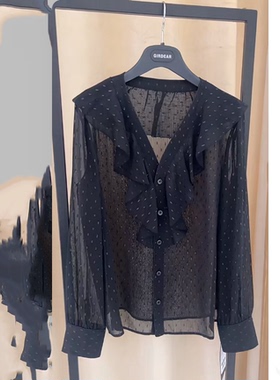 阿玛施女装专柜正品2025新款百搭V领荷叶边波点长袖衬衫秋530032