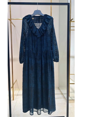 专柜正品女装25秋季新款荷叶边飘逸浪漫连衣裙复古优雅长裙550039