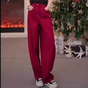 阿玛施拉链款高腰宽松弯刀牛仔裤女冬季红色阔腿长裤休闲裤510084