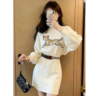 小香风黑色卡通印花连衣裙女2025秋冬新款 小个子气质独特漂亮裙子