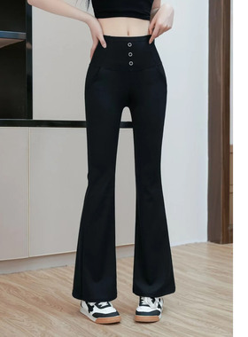 专柜正品早秋季新款高腰显瘦休闲长裤子微喇裤女装百搭黑色110037