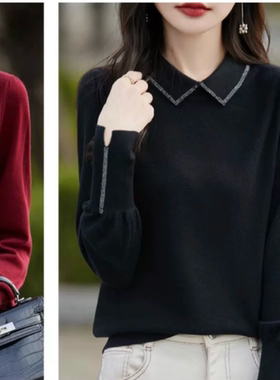 2025新款高级感POLO领针织衫女翻领烫钻显瘦洋气红色打底毛衣女士