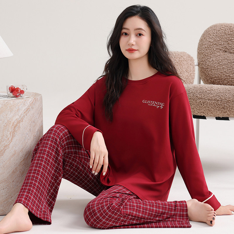 本名年睡衣女纯棉长袖春秋季薄款结婚新娘甜美全棉红色家居服套装