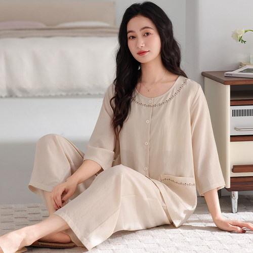带胸垫睡衣女士春秋款七分袖妈妈2026新款天丝莱赛尔高级感家居服