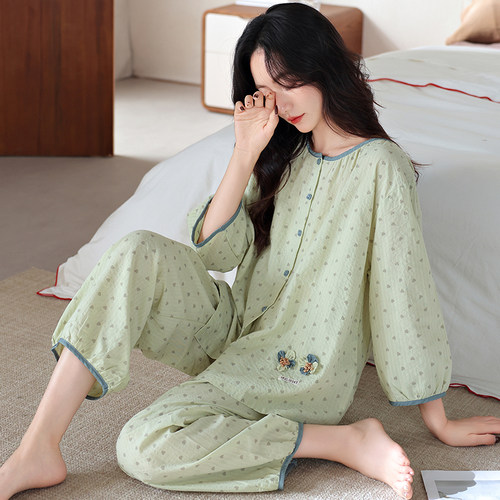 梭织棉纱布睡衣女春秋款七分袖女款2025年新款秋季全棉大码家居服