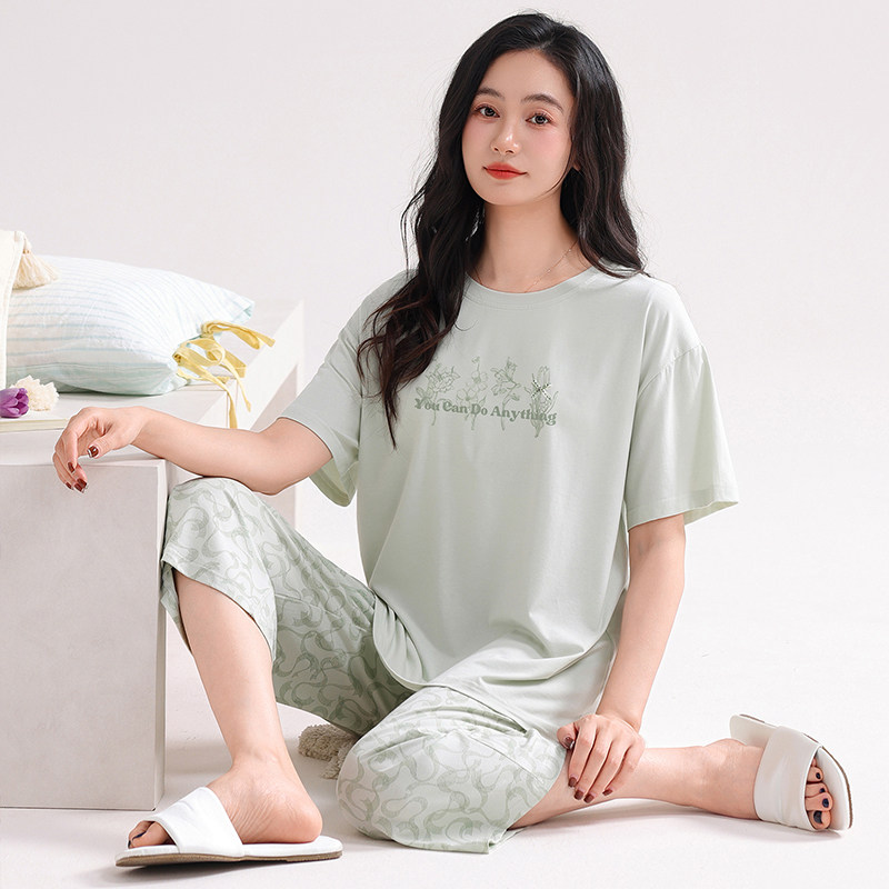 带胸垫睡衣女款2026新款夏季纯棉短袖七分裤薄款加大码凉感家居服