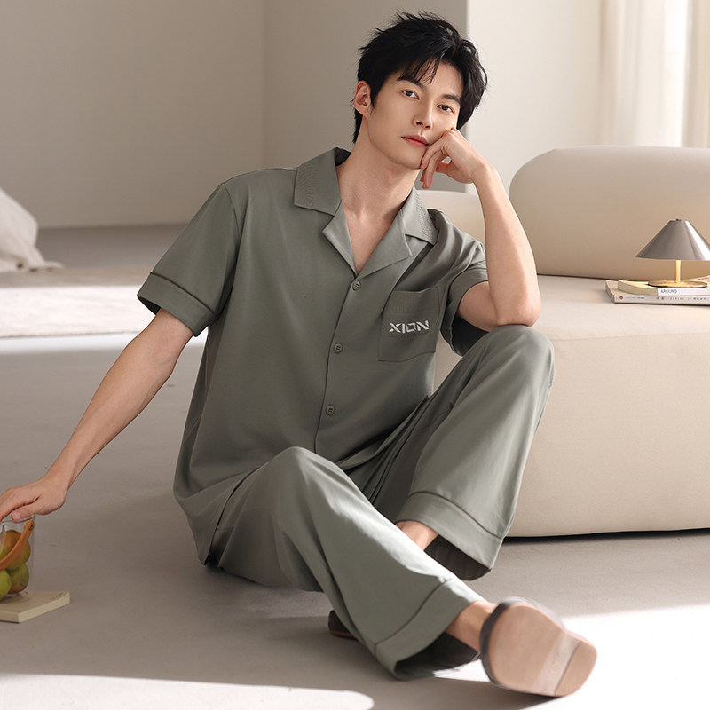 睡衣男士夏季纯棉短袖长裤薄款夏天男款休闲大码青中年夏款家居服