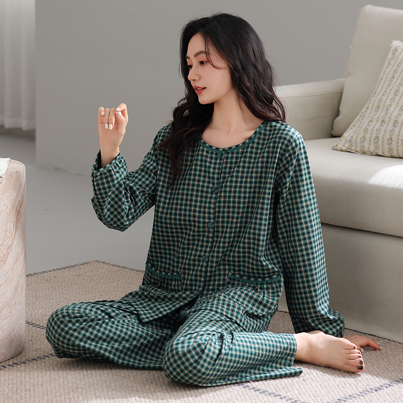 梭织棉纱布睡衣女士春秋款纯棉长袖带胸垫一体式开衫大码家居服