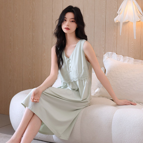 带胸垫睡裙女夏季薄款大码睡衣裙凉感莫代尔棉无袖中长款连衣裙子