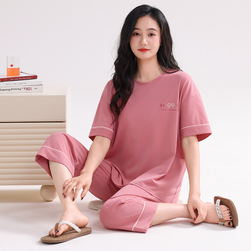 带胸垫睡衣女夏季薄款纯棉短袖七分裤中年妈妈休闲大码家居服套装