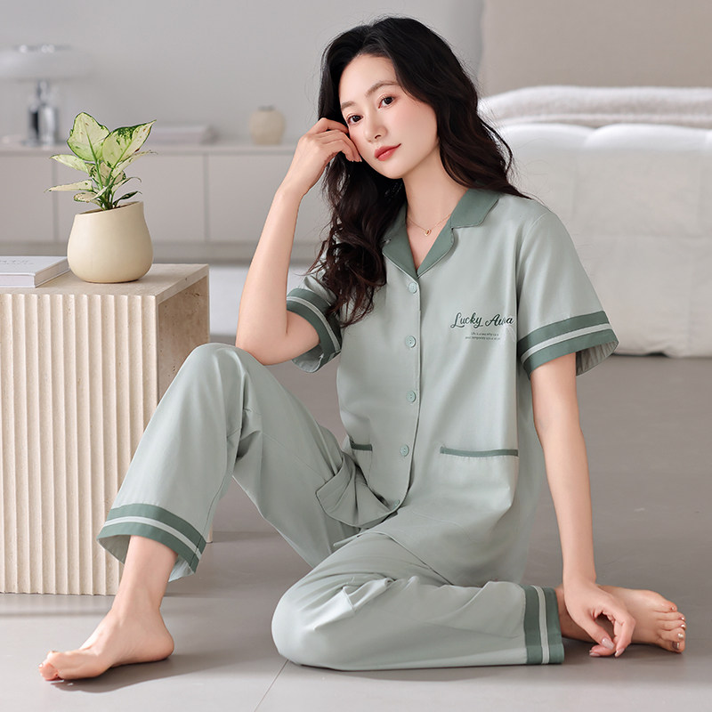 睡衣女款2026新款夏季纯棉带胸垫女士短袖长裤柔软宽松家居服套装