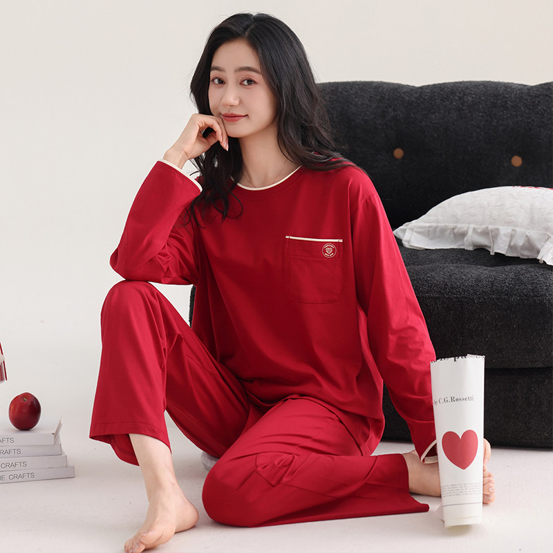 纯棉睡衣女春秋季新款简约长袖长裤休闲宽松家居服女士带胸垫套装