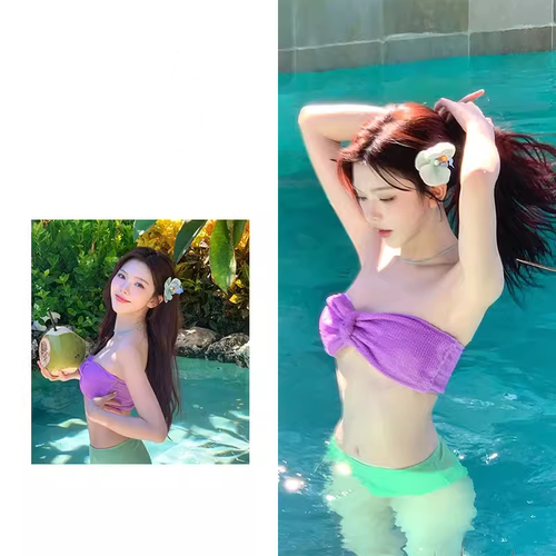INS泳衣女拼色抹胸比基尼压褶纹理蝴蝶结高腰分体小胸温泉泳衣女