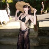 泳衣女新辣妹风黑色印花沙滩裙三点式 比基尼小胸度假绑带性感温泉