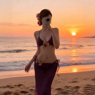 泳衣女紫色性感比基尼三件套海边沙滩显瘦分体裙式 小胸甜美泡温泉