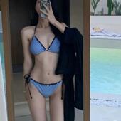 泳衣女纯欲风挂脖性感比基尼甜美小胸辣妹复古bikini度假温泉泳装