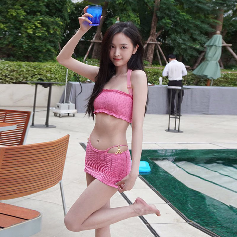 泳衣女吴宣仪性感玫粉色比基尼小胸纯欲分体裙式三件套性感泡温泉