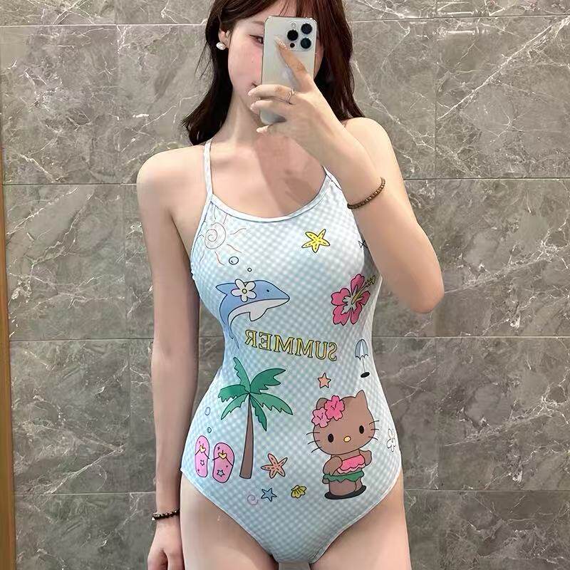 泳衣女新款性感蓝色格子小胸显瘦遮肚连体三角卡通学生泡温泉度假