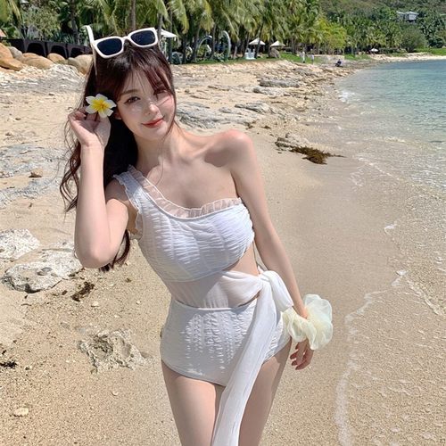 泳衣女白色单肩绑带范纯温泉