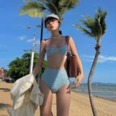 泳衣女新款 条纹比基尼钢托小胸聚拢甜美可爱性感分体高腰遮肚温泉