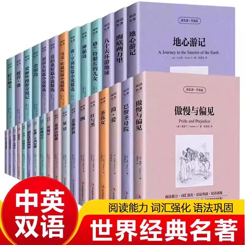 正版新版中英文世界名著读名著学英语傲慢与偏见简爱飘红与黑悲惨世界茶花女中英文对照英汉互译双语图书世界经典文学名著-封面