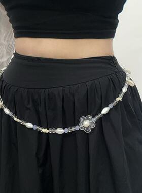 日韩ins蓝色系贝壳珠腰绳女配连衣裙子韩风细小清新度假腰带收腰