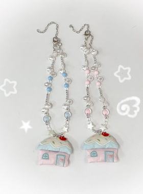 日韩ins布艺粉蓝色小房子串珠y2k辣妹项链小清新蓝色粉色锁骨链