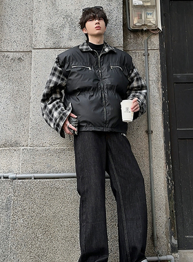 junmanner 韩系简约翻领拼接格子外套假两件加厚男女PU棉服面包服